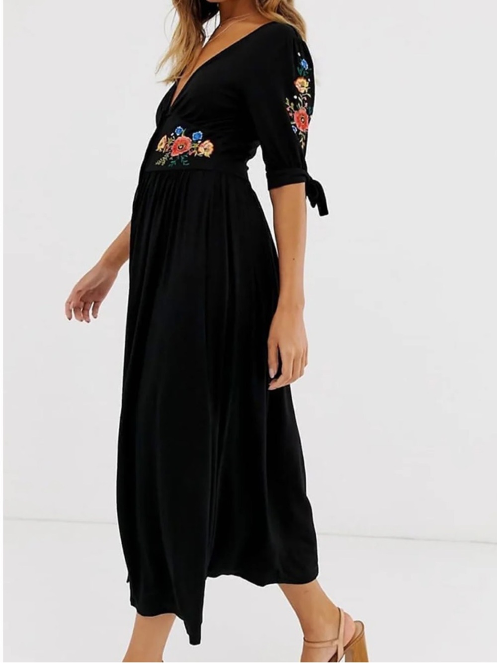 ASOS DESIGN Embroidered Midi Button Through Tea Dress Black Fit & Flare Size 10 - Picture 5 of 15